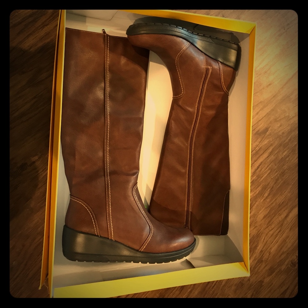 Tall brown synthetic leather rain boots wedge heel